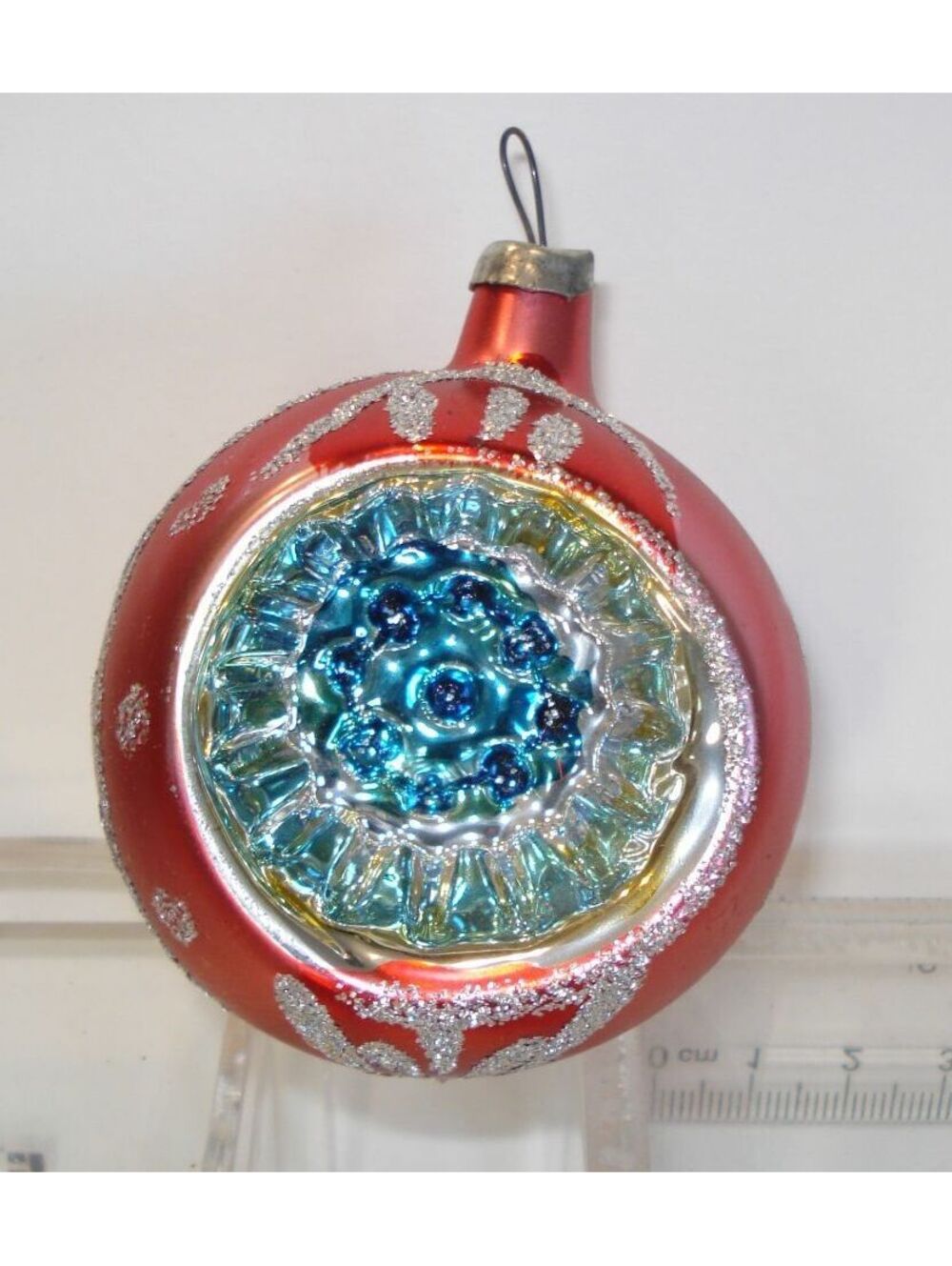 Vintage Red, Pink, Blue and Silver Glitter Indented Christmas Ornament